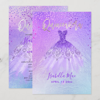 Quinceanera Violet+Blå klänning+Konfetti Inbjudningar