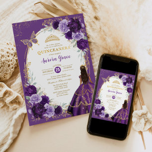Quinceañera Violet Lilac Guld Blommigt Butterfly Inbjudningar