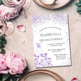Quinceanera violet vit klänning glitter inbjudan vykort