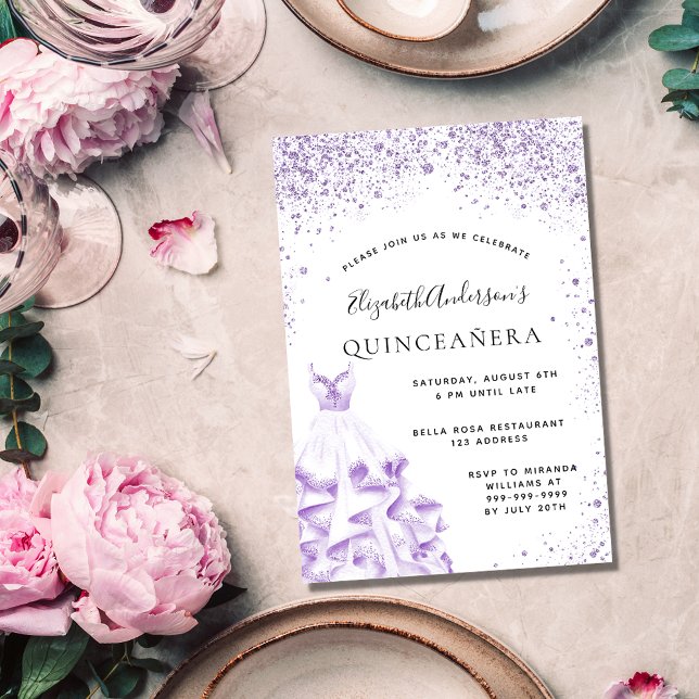 Quinceanera violet vit klänning glitter inbjudningar (Skapare uppladdad)
