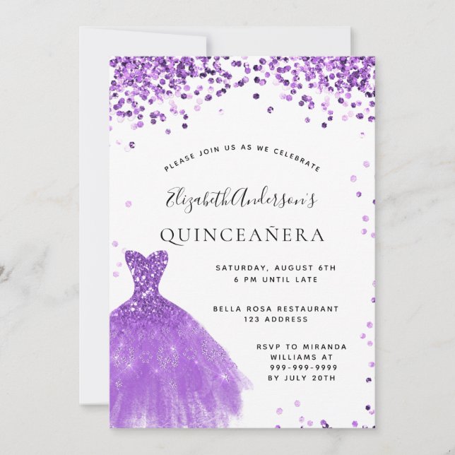 Quinceanera violett vit klänning glitter glam inbjudningar (Framsida)
