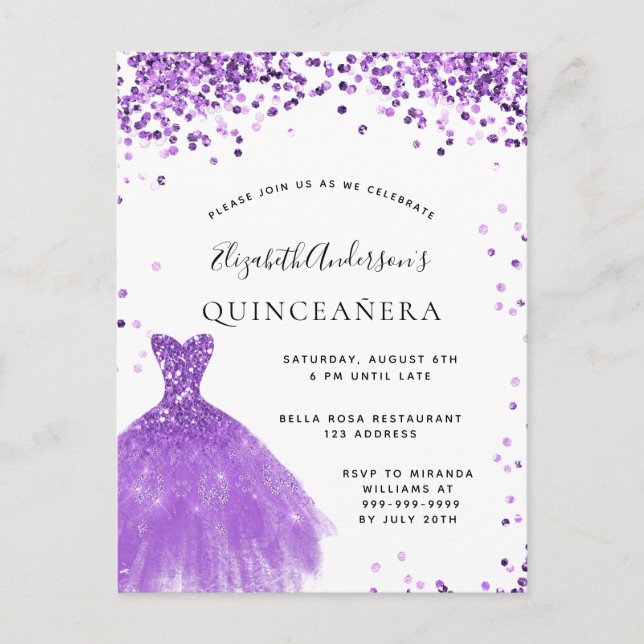 Quinceanera violett vit klänning glitter glam vykort (Framsida)