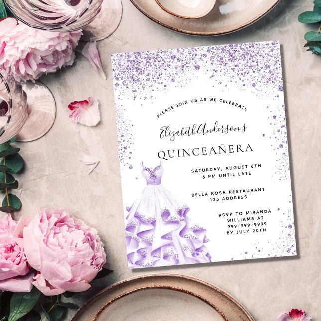 Quinceanera violetta klänning glitter budget flygblad (Skapare uppladdad)