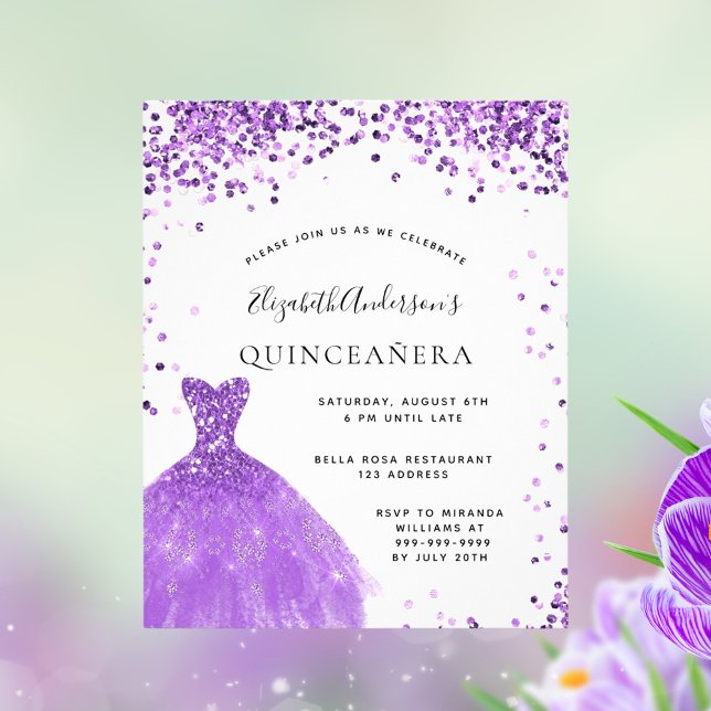 Quinceanera violetta klänning glitter budget flygblad (Skapare uppladdad)