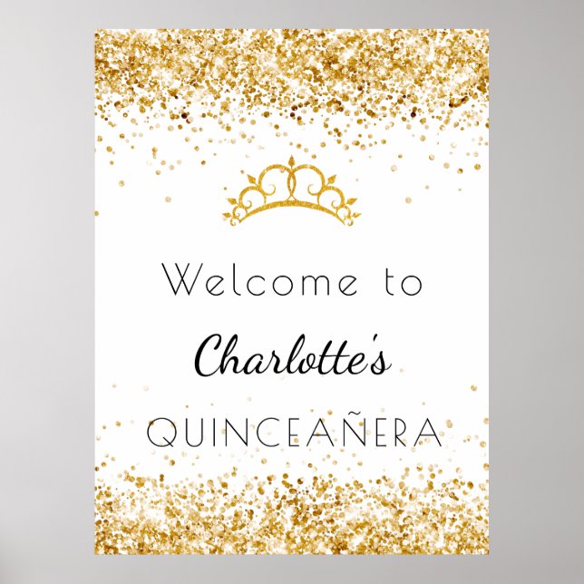 Quinceanera, vit dammtiara guld glitter välkommen poster (Framsidan)