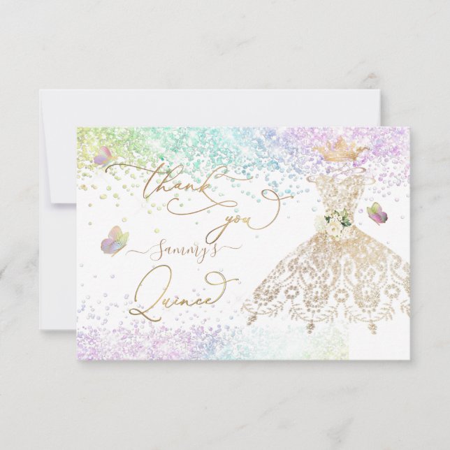 Quinceanera Vit Guld Glitter Klänning Pastell Tack Kort (Framsida)