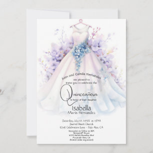 Quinceañera Vit klänning lila och blå blommor Inbjudningar