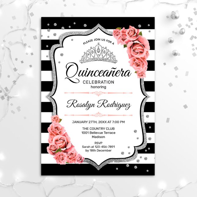 Quinceanera - vit  Rosa i svart Inbjudningar (Skapare uppladdad)