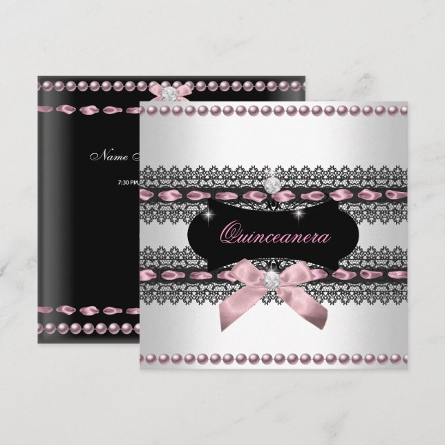 Quinceanera Vit Rosa Svart Spets Pärla Inbjudningar (Fram/baksida)