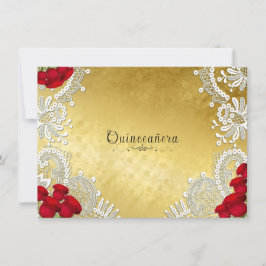 Quinceanera Vit spets röda rosor på guld Inbjudningar