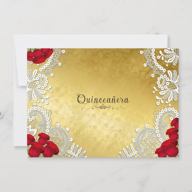 Quinceanera Vit spets röda rosor på guld Inbjudningar (Framsida)