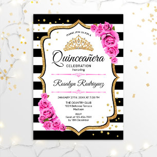 Quinceanera - vit svart Rosa Inbjudningar