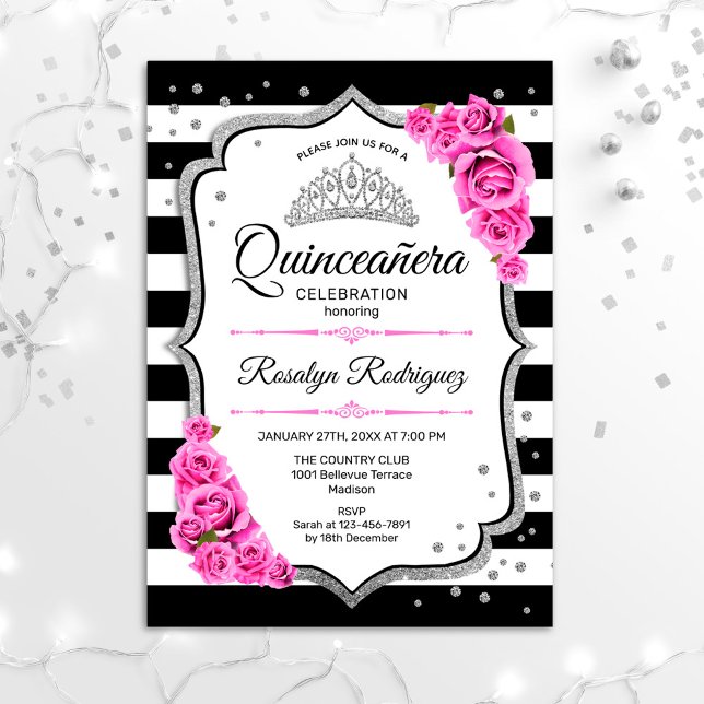 Quinceanera - vit svart Rosa Inbjudningar (Skapare uppladdad)