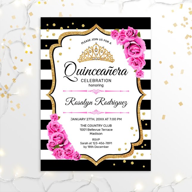 Quinceanera - vit svart Rosa Inbjudningar (Skapare uppladdad)