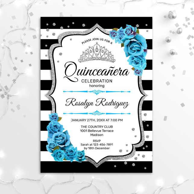 Quinceanera - vit svart Silver Blue Inbjudningar (Skapare uppladdad)