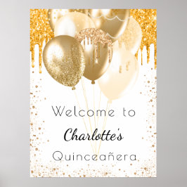 Quinceanera, vita guld glitter-ballonger välkomna poster