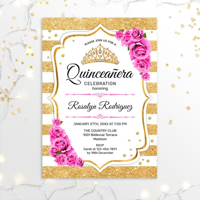 Quinceanera - Vita Guld Pastel Rosa Inbjudningar (Skapare uppladdad)