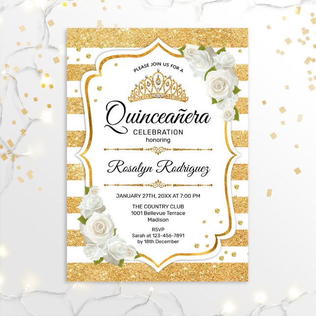 Quinceanera - Vita Guld Rand Inbjudningar (Skapare uppladdad)
