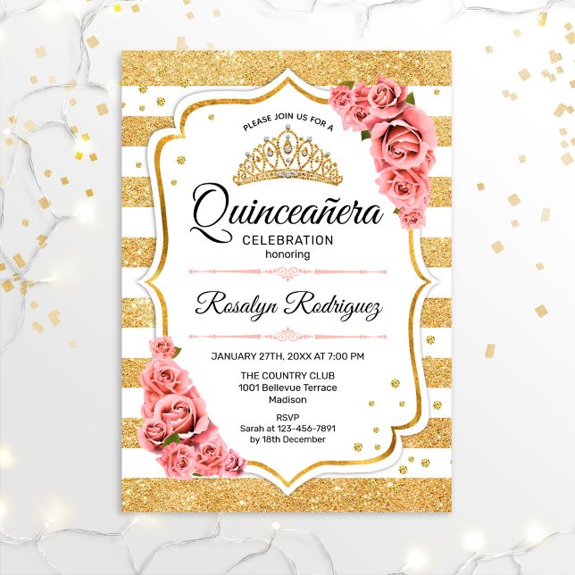 Quinceanera - Vita Guld  Rosan Inbjudningar (Skapare uppladdad)
