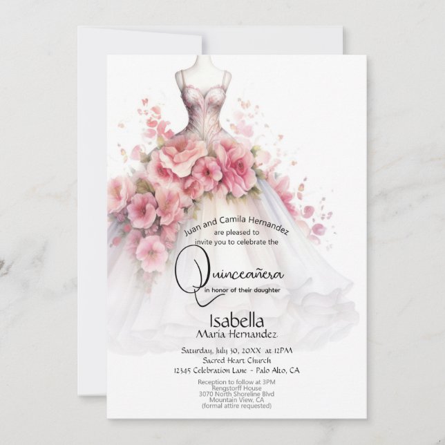 Quinceañera | Vita och Rosa Camellia Gown Inbjudningar (Framsida)