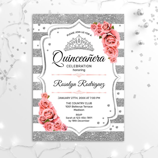 Quinceanera - Vita Silver  Rosan Inbjudningar (Skapare uppladdad)