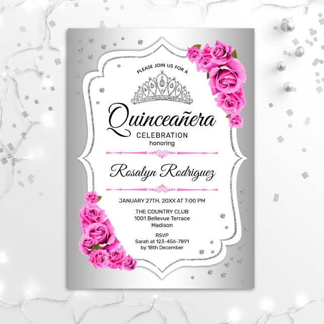 Quinceanera - Vita Silver Rosan Inbjudningar (Skapare uppladdad)