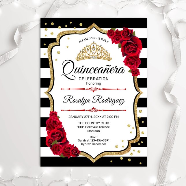 Quinceanera - Vita svarta röda Guld Inbjudningar (Skapare uppladdad)