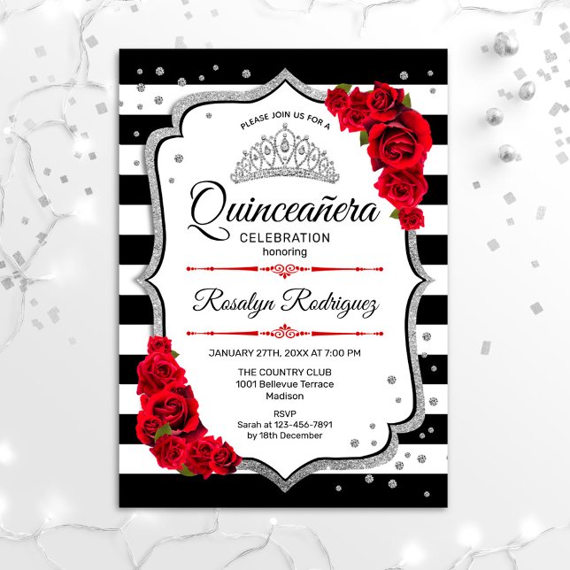 Quinceanera - Vita svarta röda Silver Inbjudningar (Skapare uppladdad)