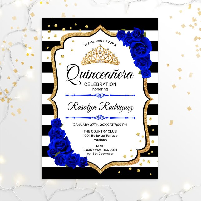 Quinceanera - Vita svarta Royalet Blue Guld Inbjudningar (Skapare uppladdad)
