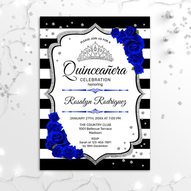 Quinceanera - Vita svarta Royalet Blue Silver Inbjudningar (Skapare uppladdad)