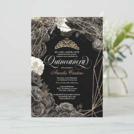 Quinceañera w Black & Guld Ro och Tiara Invita Inbjudningar