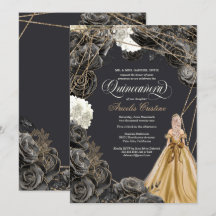 Quinceañera w Black Ro, Guld Gown och Glitter in