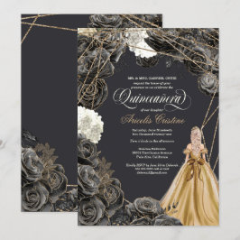 Quinceañera w Black Ro, Guld Gown och Glitter in Inbjudningar