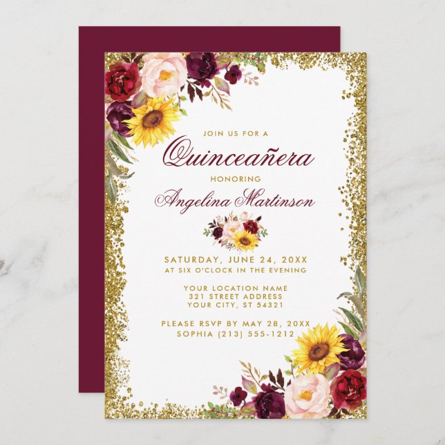 Quinceanera Watercolor Blommigt Guld Glitter Inbjudningar (Fram/baksida)