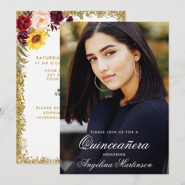 Quinceanera Watercolor Blommigt Guld Glitter Photo Inbjudningar (Fram/baksida)