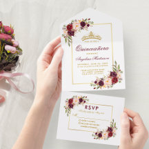 Quinceanera Watercolor Burgundy Blommigt Guld Kron