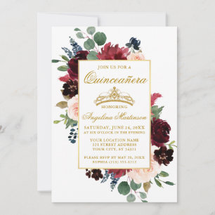 Quinceanera Watercolor Burgundy Rosa Blommigt Inbjudningar