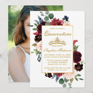 Quinceanera Watercolor Burgundy Rosa Blommigt Phot Inbjudningar