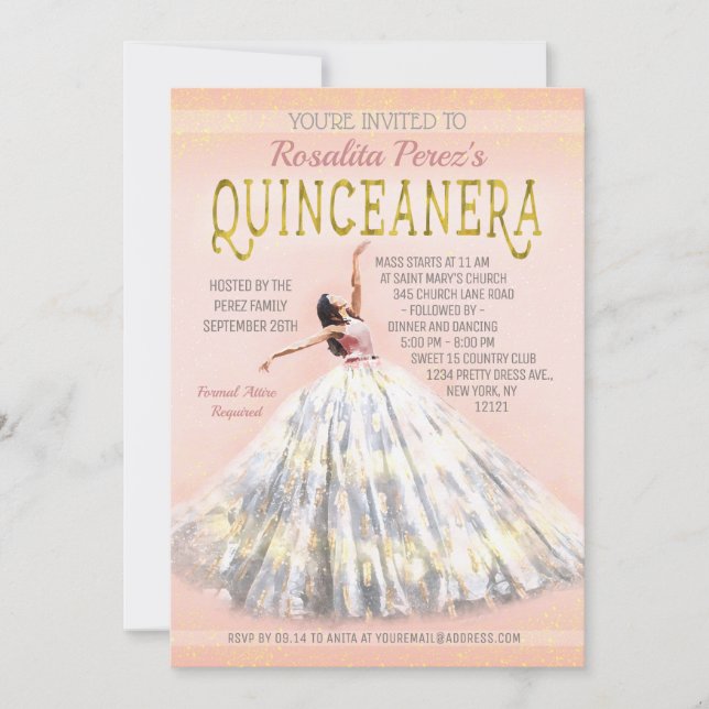 Quinceanera Watercolor Dress  Rosa Guld Finare Inbjudningar (Framsida)