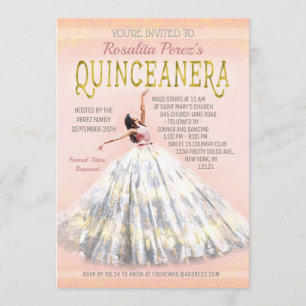 Quinceanera Watercolor Dress Rosa Guld Finare Inbjudningar