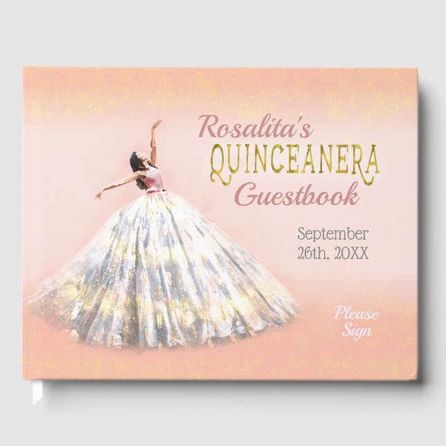 Quinceanera Watercolor Dress  Rosa Guld Namn Gästböcker (Framsida)