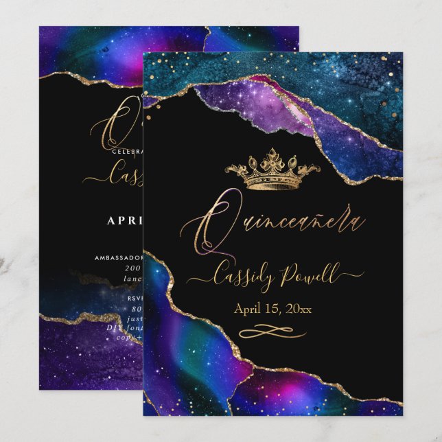 Quinceanera, Watercolor Galaxy Agate Faux Guld Inv Inbjudningar (Fram/baksida)