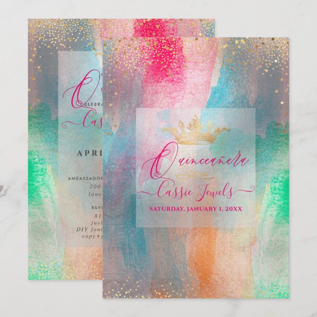 Quinceanera Watercolor Iridescent Brushstrokes Inbjudningar (Fram/baksida)