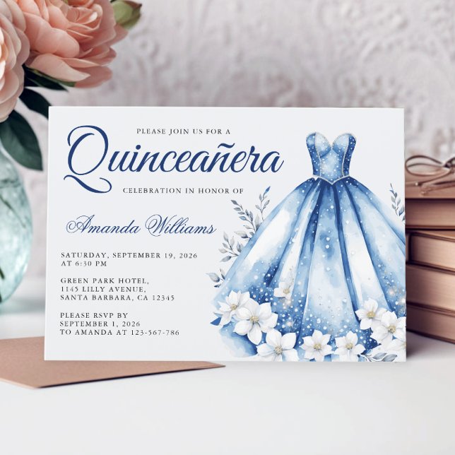 Quinceanera Watercolor Navy Blue Gown Inbjudningar (Skapare uppladdad)