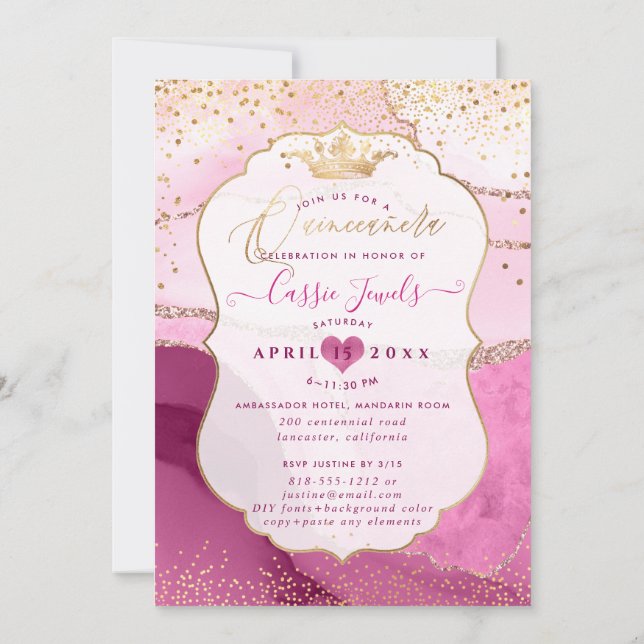 Quinceanera, Watercolor Rosa Agate Faux Guld Inbjudningar (Baksida)