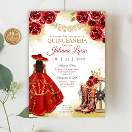 Quinceañera Western Red Guld Charra Blommigt Boots Inbjudningar