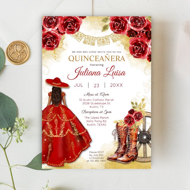 Quinceañera Western Red Guld Charra Blommigt Boots Inbjudningar (Skapare uppladdad)
