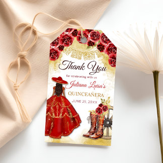 Quinceañera Western Red Guld Charra Blommigt Boots Presentetikett