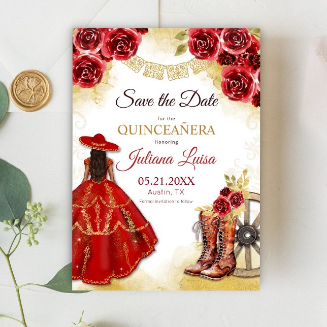 Quinceañera Western Red Guld Charra Blommigt Boots Spara Datumet (Skapare uppladdad)