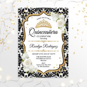 Quinceanera - White Black Damask Guld Inbjudningar
